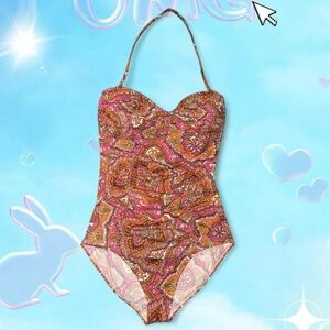 vtg y2k 2002 tommy bahama boho aop halter/strapless one piece swimsuit, sz 6/sm